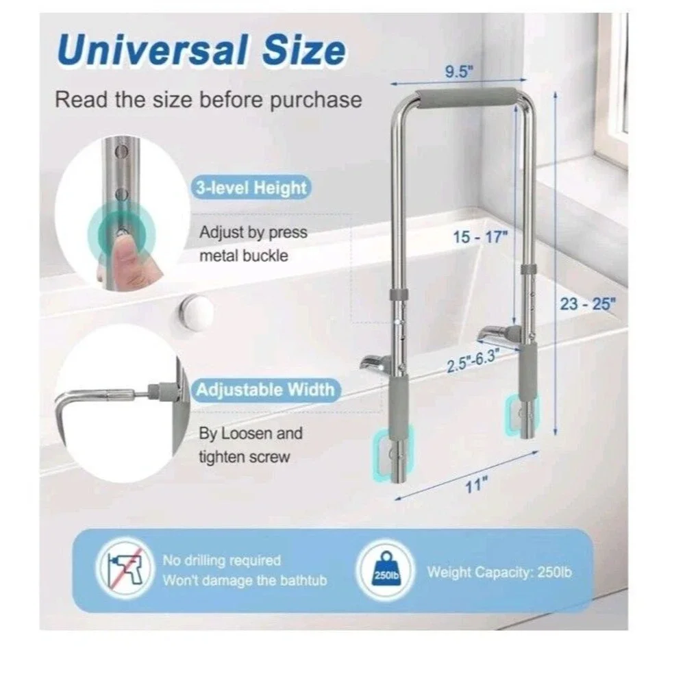 Adjustable Bathtub Grab Bar Safety Rail Elderly Disabled Heavy Duty Steel New